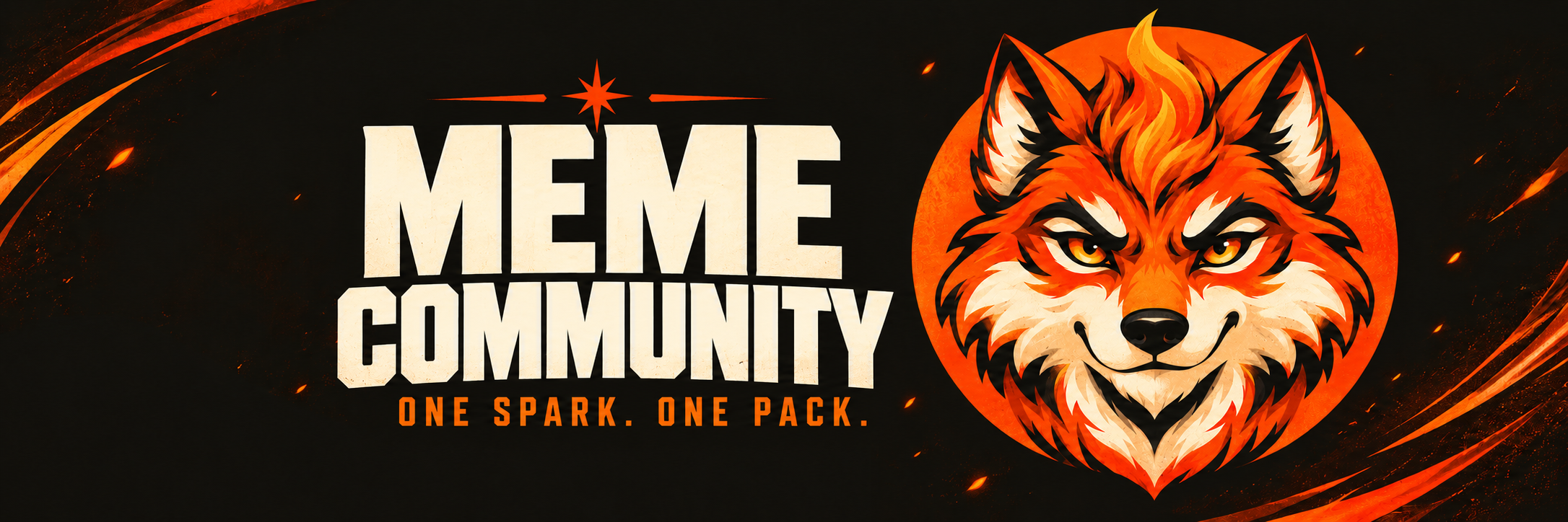 Meme Community banner with the flame-wolf mascot and One spark. One pack. lettering